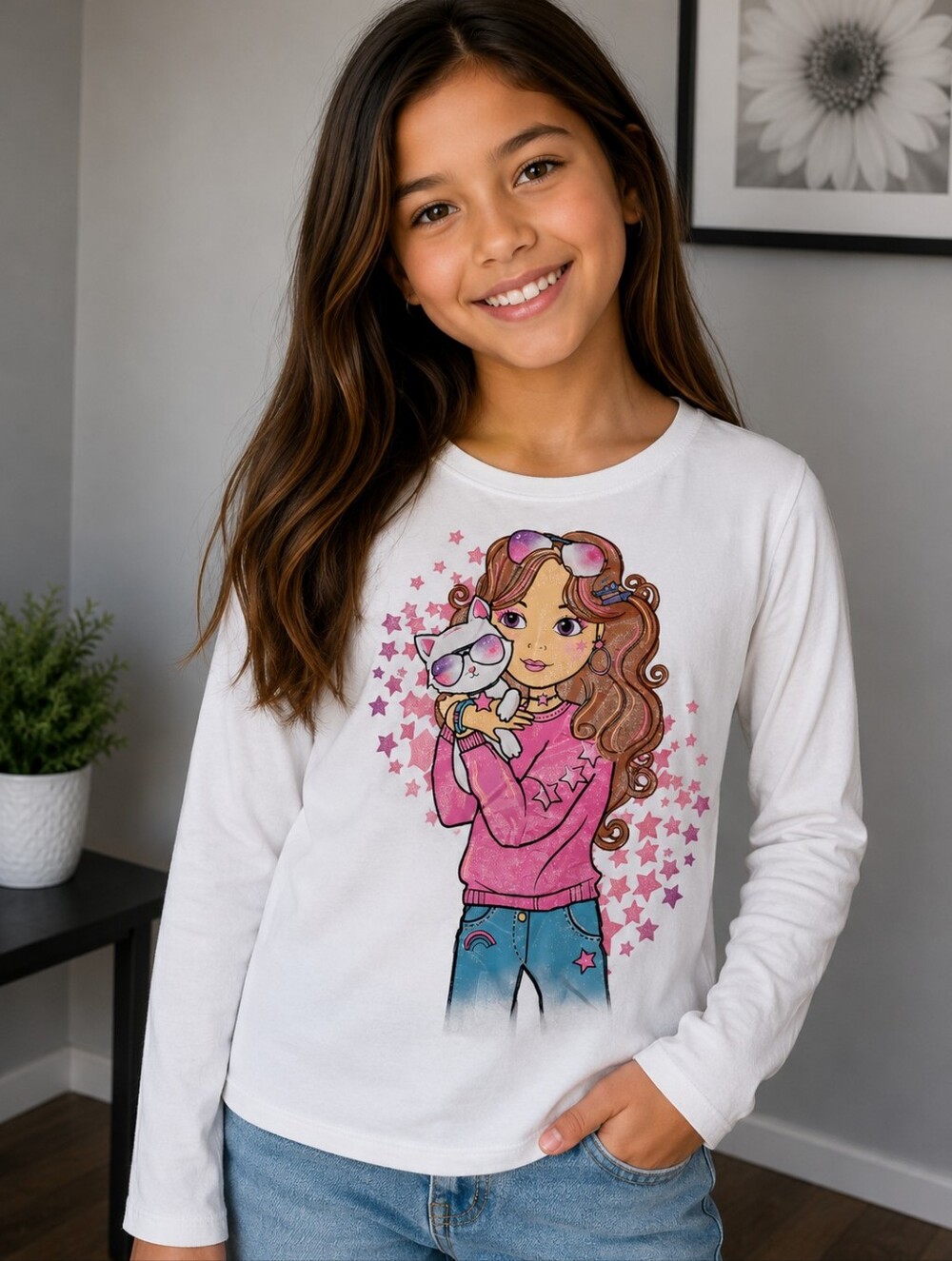 14-16 Girls Long Sleeve cat Tee